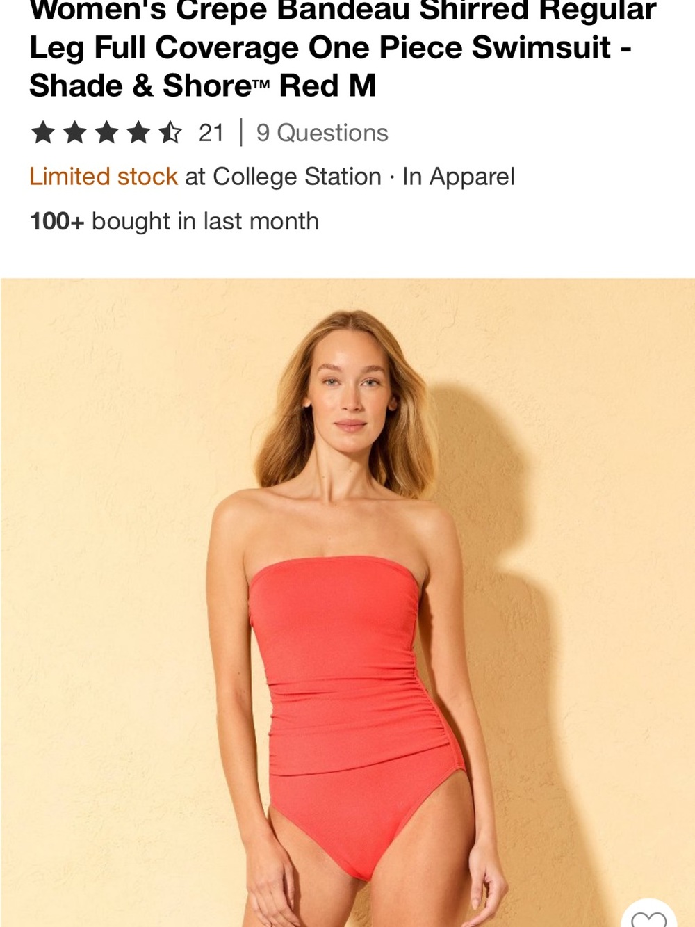 NWT Shade & Shore Coral-Red Strapless Bandeau One-Piece Swimsuit
